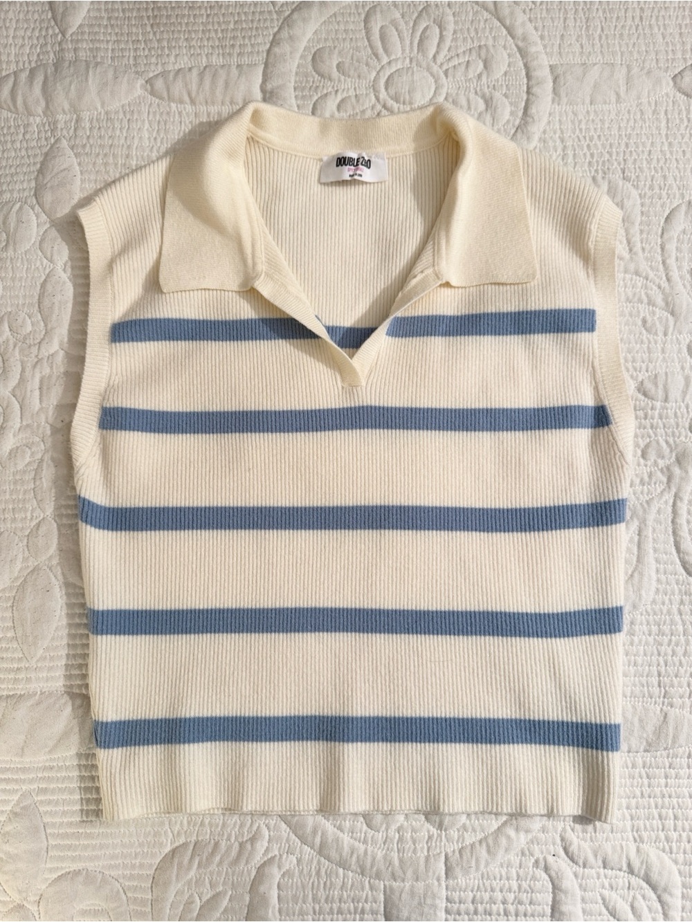 Double Zero Cream V-Neck Sweater Vest with Blue Stripes